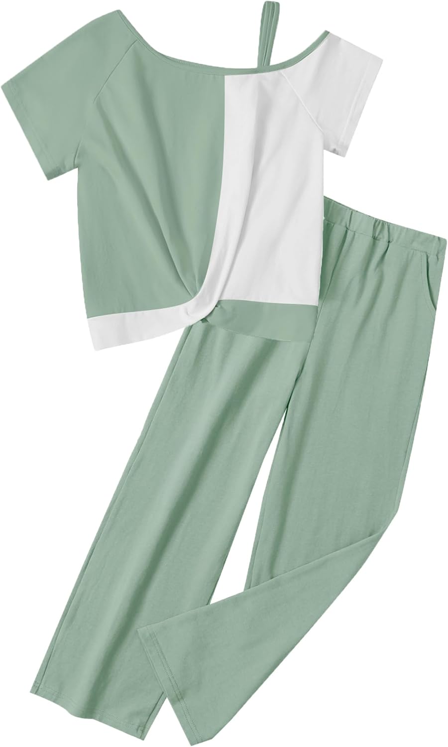 Girls Clothes Twist Knot Color Block Loose Fit Cold Shoulder Top + Solid Color Wide-lege Pants Girls Spring Clothes