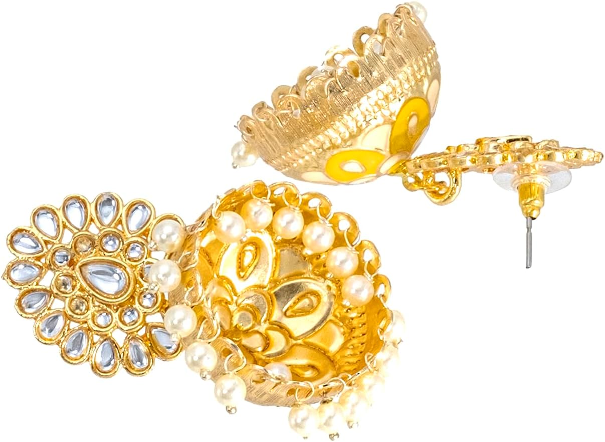Bodha Gold Plated Kundan CZ, Crystal Meenakari,Enamel Studded Jhumka Earring For Women-Gold, Blue (SJE_144_G_BL)