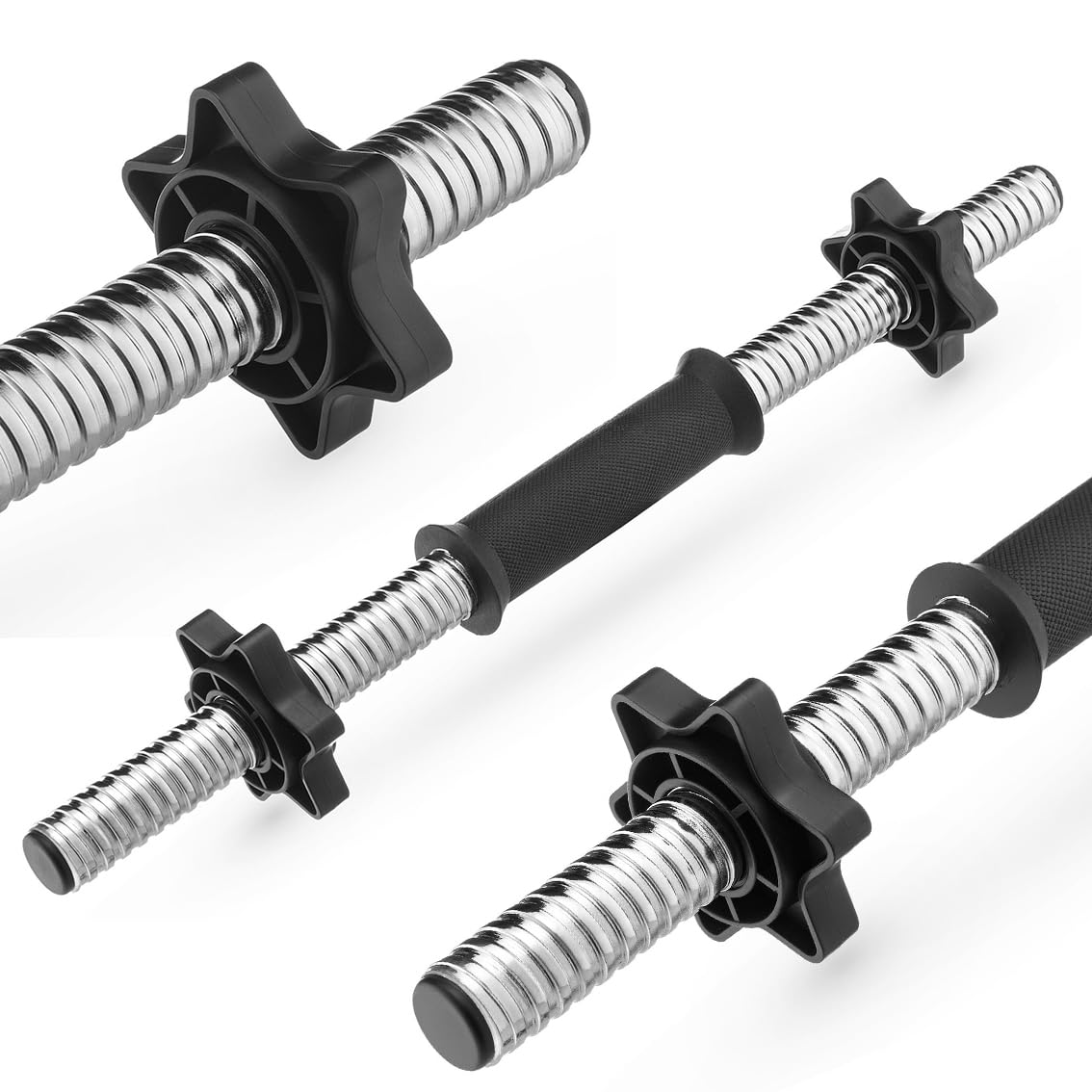 Gymtek Barre d'Haltères Courte - Longueur 35-45 cm, Ø 24 mm (+/-2 mm), 2 Fermetures en Étoile, Poignée Moletée pour Disques et Dumbbells - Noir ou Argent