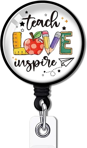 YAZMEEN Teach Love Inspire Retractable Badge Reel with Alligator Clip Funny ID Badge Holder for School Funny Teacher Badge Decorative Badge Holder