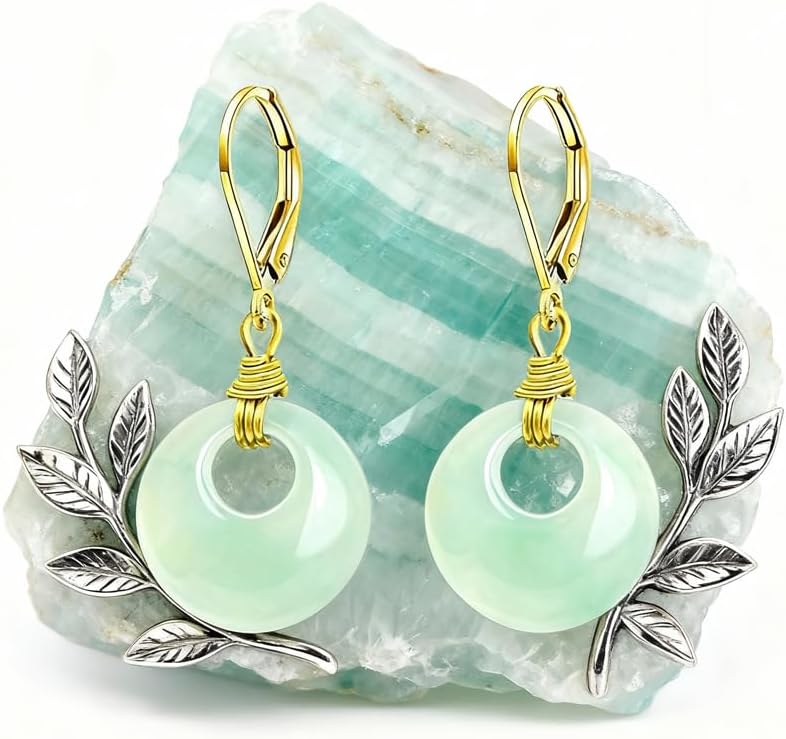 Natural Jade Circle Drop Earrings,14K Yellow Gold Plated Round Good safety buckle Stone Gemstone Dangle Drop Earrings for Women - Image 5