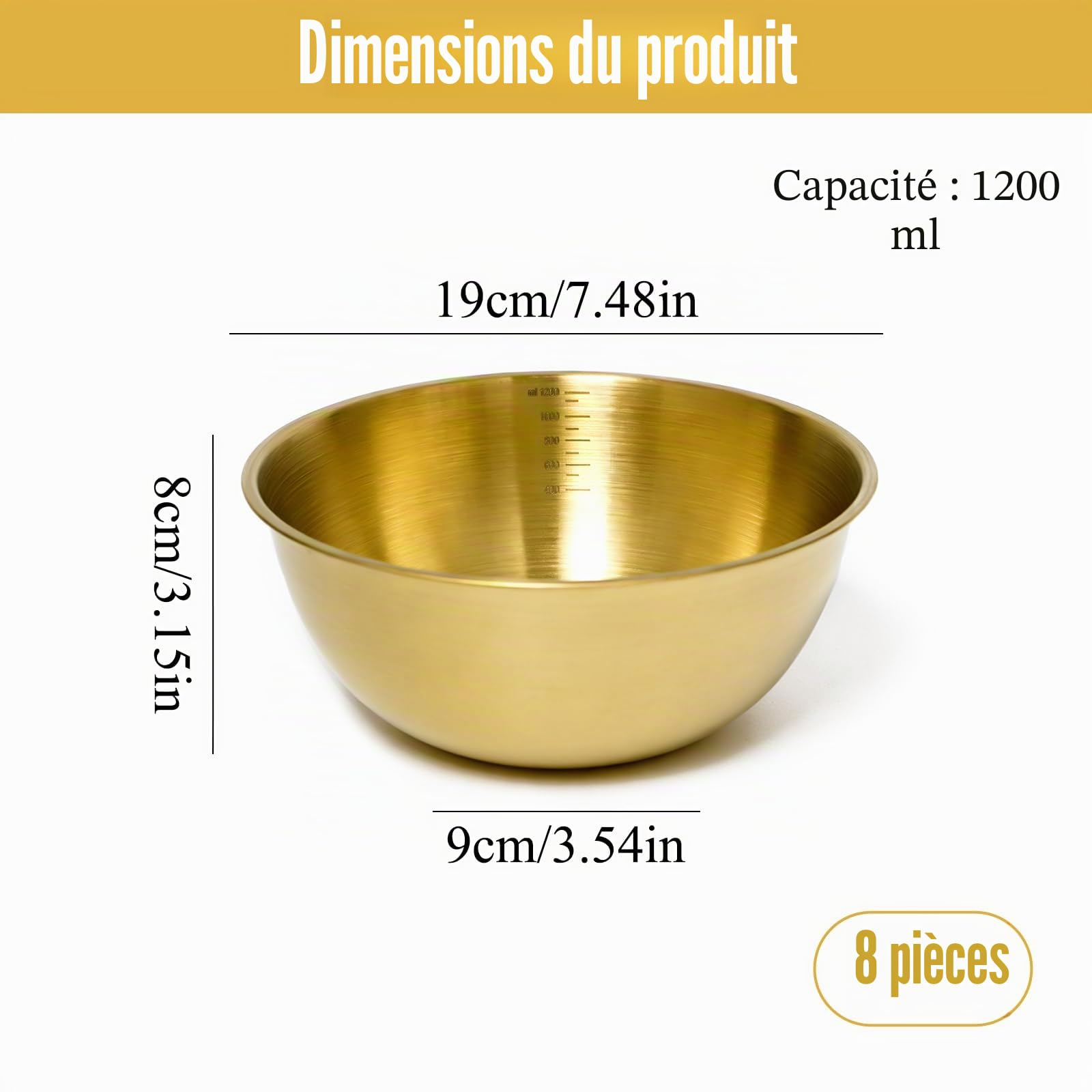 8 Pièces Doré Bol Inox 19 x 8 cm, avec 1.2L Échelle, pour Salades | Doré Saladier en Acier Inoxydable, Empilable, Grande Capacité, Bol Mélanger Doré, pour Salades, Fruits, Soupes, Nouilles, Riz