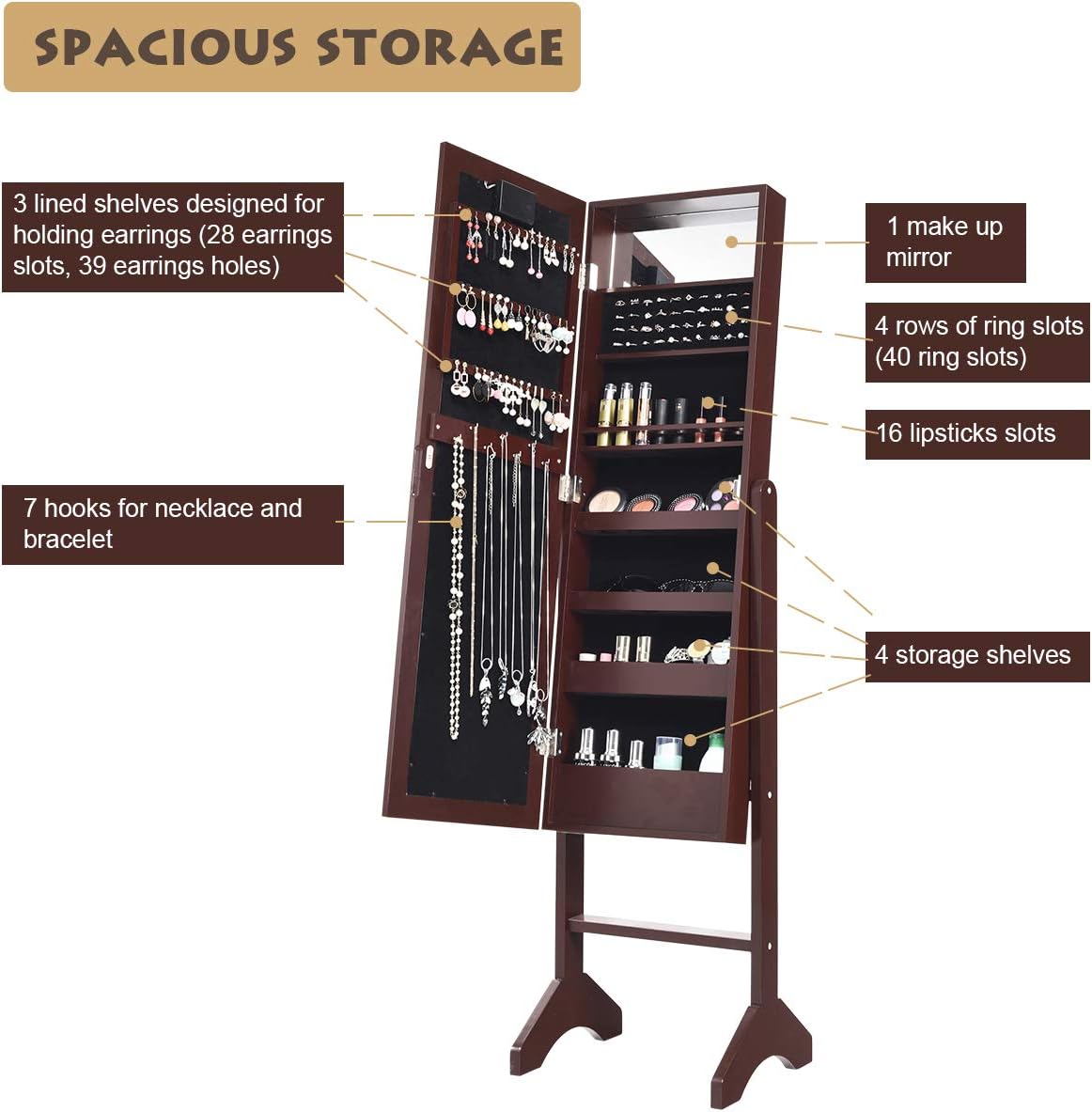 Giantex Standing Jewelry Armoire with 18 LED Lights Around the Door, Large Storage Mirrored Jewelry Cabinet with Full Length Mirror, 16 Lipstick Holder, 1 Inside Makeup Mirror (Brown) : Clothing, Shoes & Jewelry