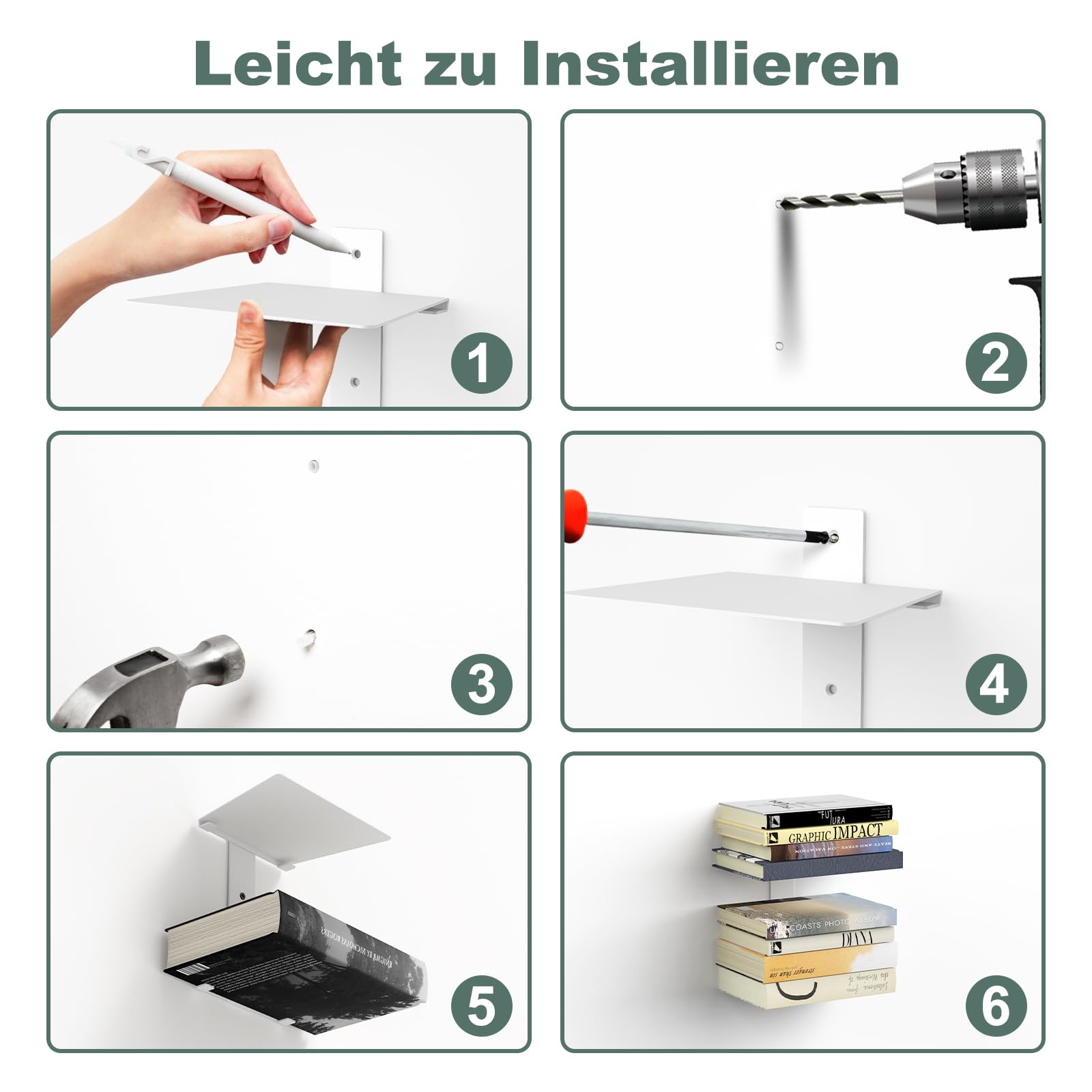 Mefirt Mensole Libri Invisibili, 8 Scaffali Verticali, Mensole da Muro Invisibili per Libri, Libreria Invisibile da Parete per la Camera da Letto, Decorazione per L'ufficio, 4 Pezzi, Bianco