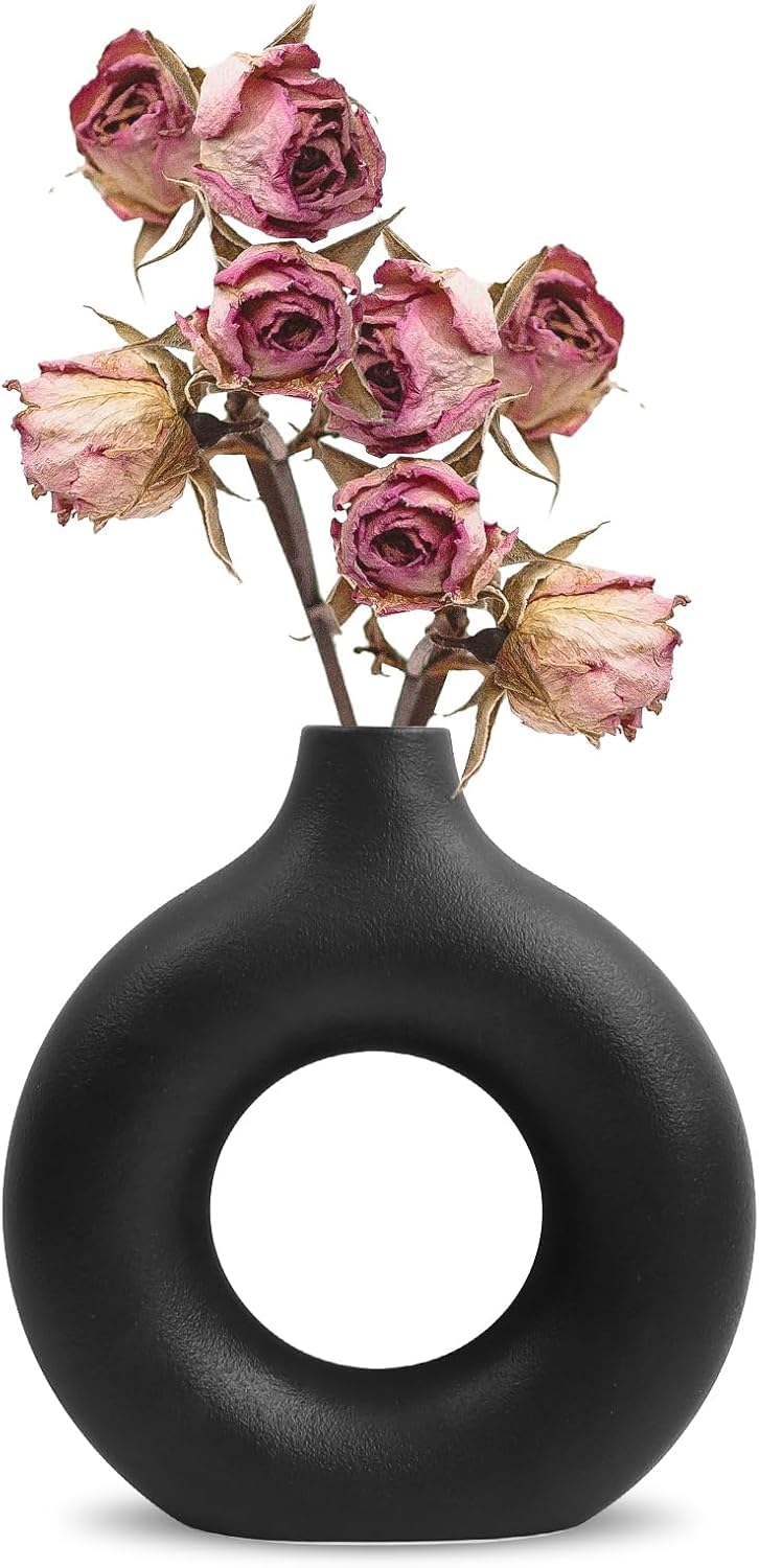 The Pot Dealer Black Donut Vase Matt Finish Ceramic Vase for Flowers Handmade Minimalist Style Modern Home Decor Round Shape Table Party Living Room Office Bedroom (Large)-image-20