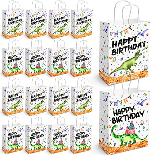 Containlol 16 Pcs Dinosaur Birthday Party Paper Bags - Dino Theme Happy Birthday Gift Bags with Handle for Boy Girl Kids Dinosaur Themed Baby Shower Party Favors