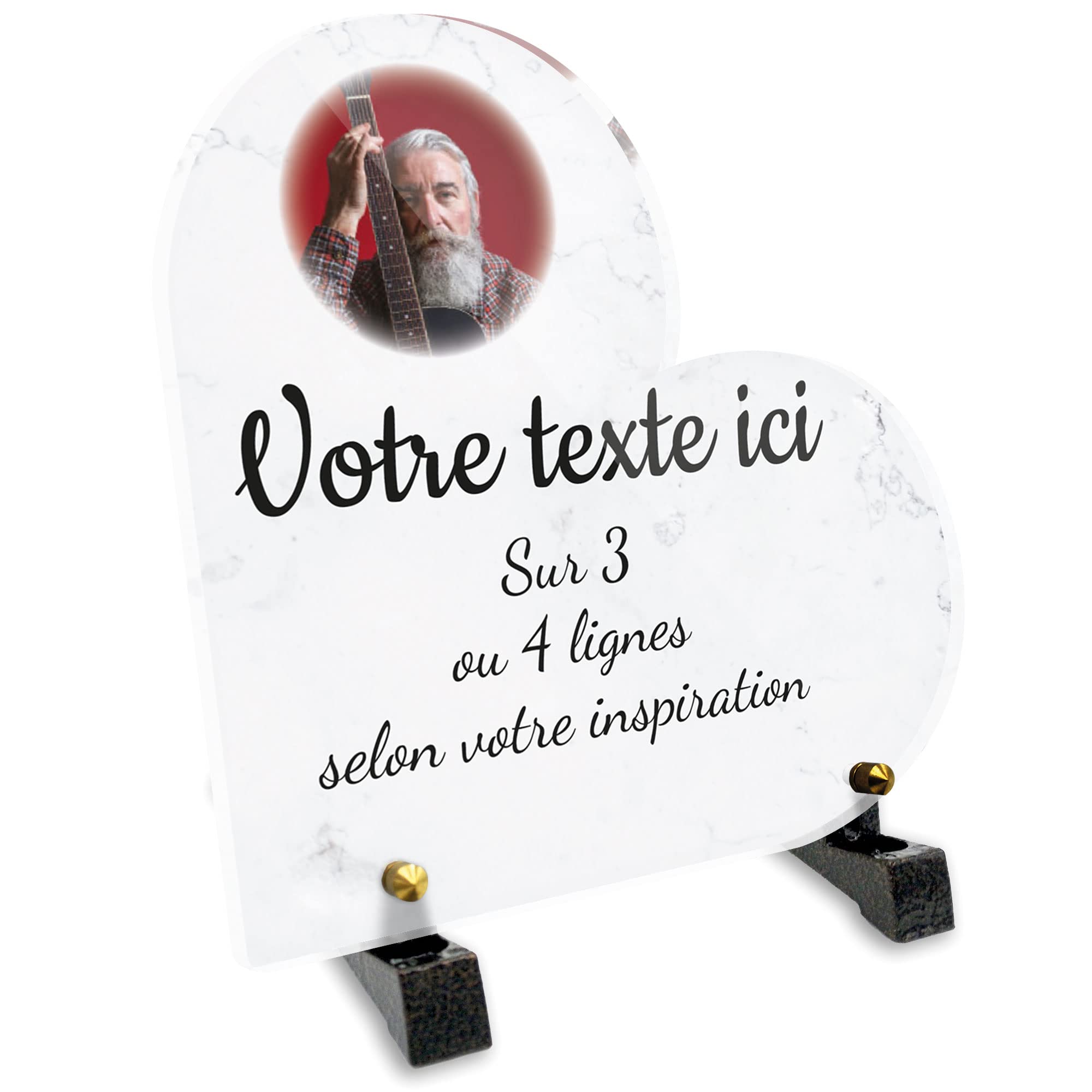 Tabliczka pogrzebowa z sercem z personalizowanym zdjęciem z plexi wzór marmuru, różne rozmiary, grubość 6 mm, spersonalizowana w kilku rzędach 15x15 cm