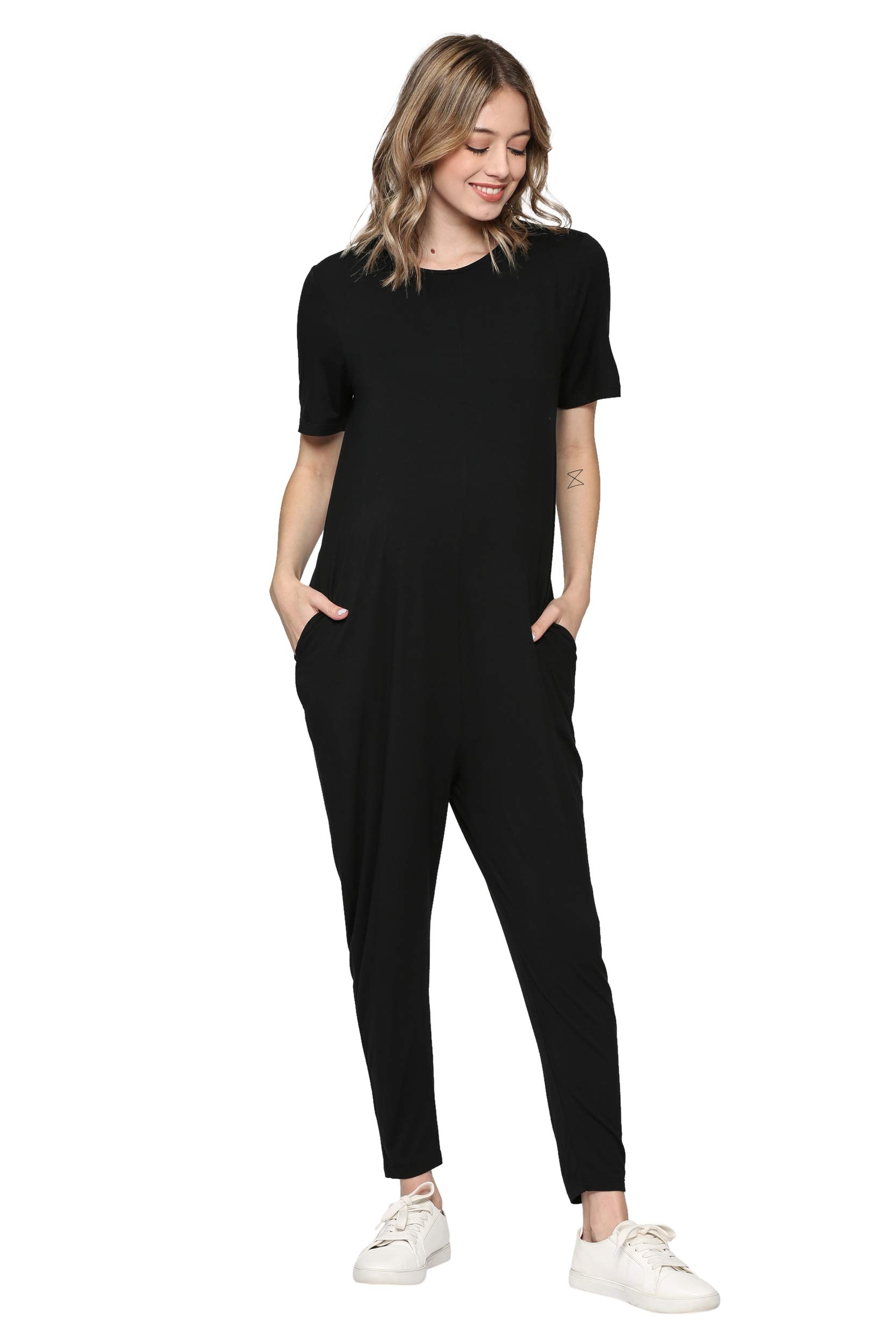 LaClef Women's Maternity Short Sleeve Jumpsuit with Pocket