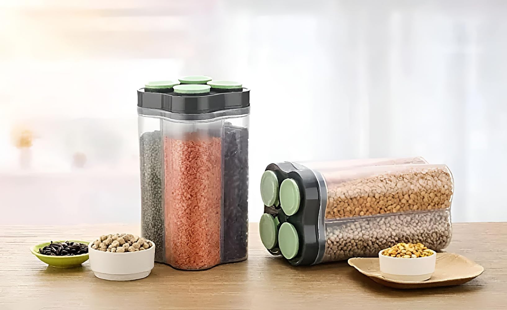 Air Tight Containers For Kitchen Storage Transparent Multipurpose Jar for Grocery Fridge Container Kitchen Pantry Organizer Box 4 Section Detachable Partition Plastic Jar (Light Green, 2 Pack) 2