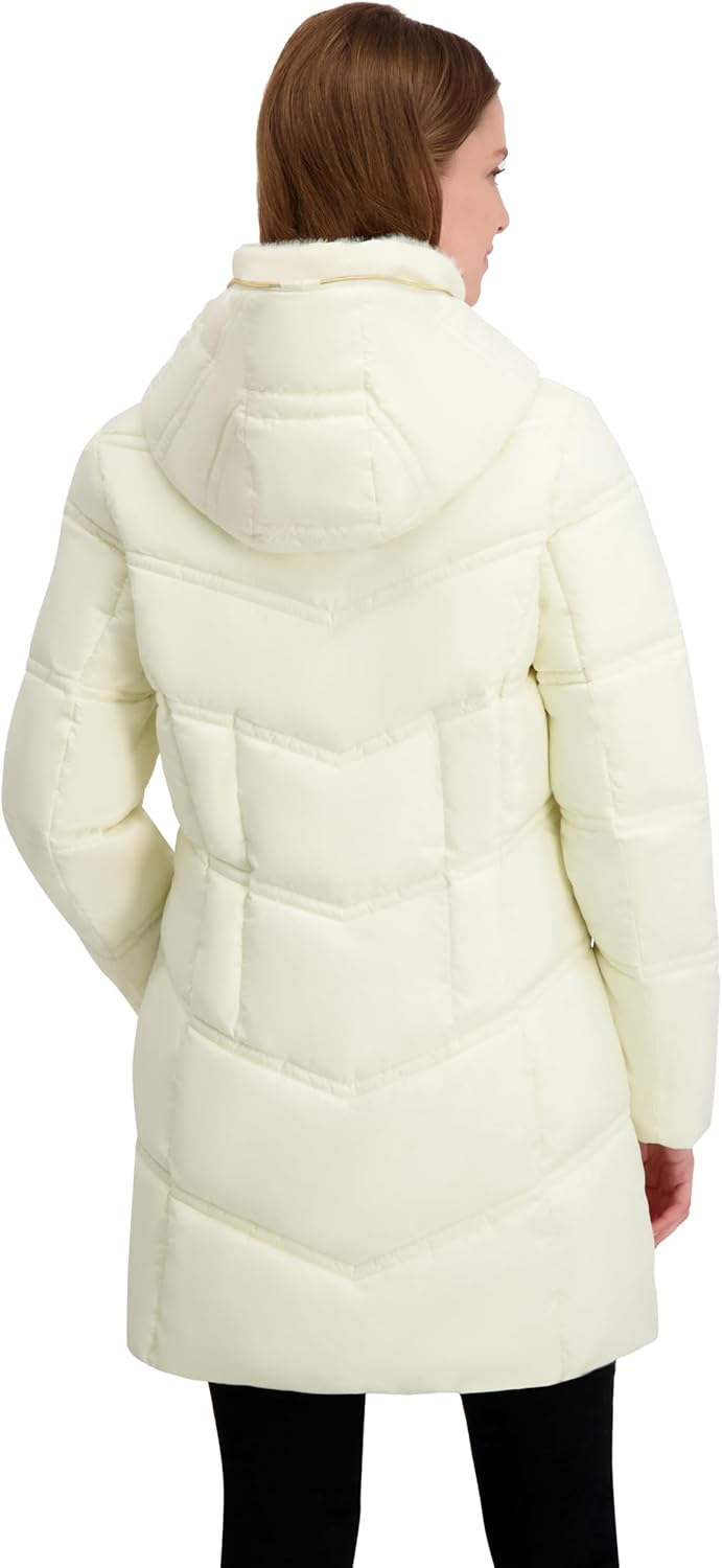 Laundry by Shelli Segal womens Quilted Puffer Flare Jacket– Winter Coat With Faux Fur Bib Collar & Hood - Image 2