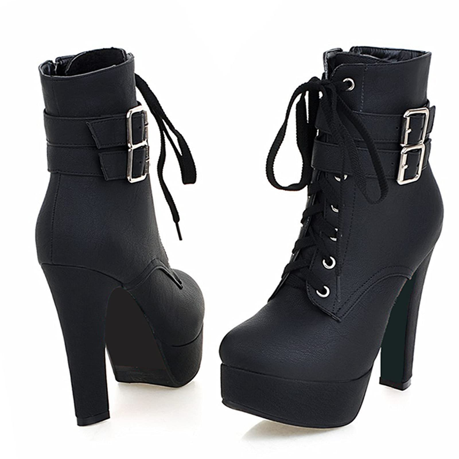 Onewus Damen Stiefeletten mit Absatz Plateau Stiefeletten mit Nieten