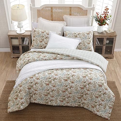 Image of Laura Ashley - Queen Comforter Set, Reversible Cotton Bedding with Matching Shams, Floral Home Decor with Plaid Reverse (Bramble Floral Beige, Queen)