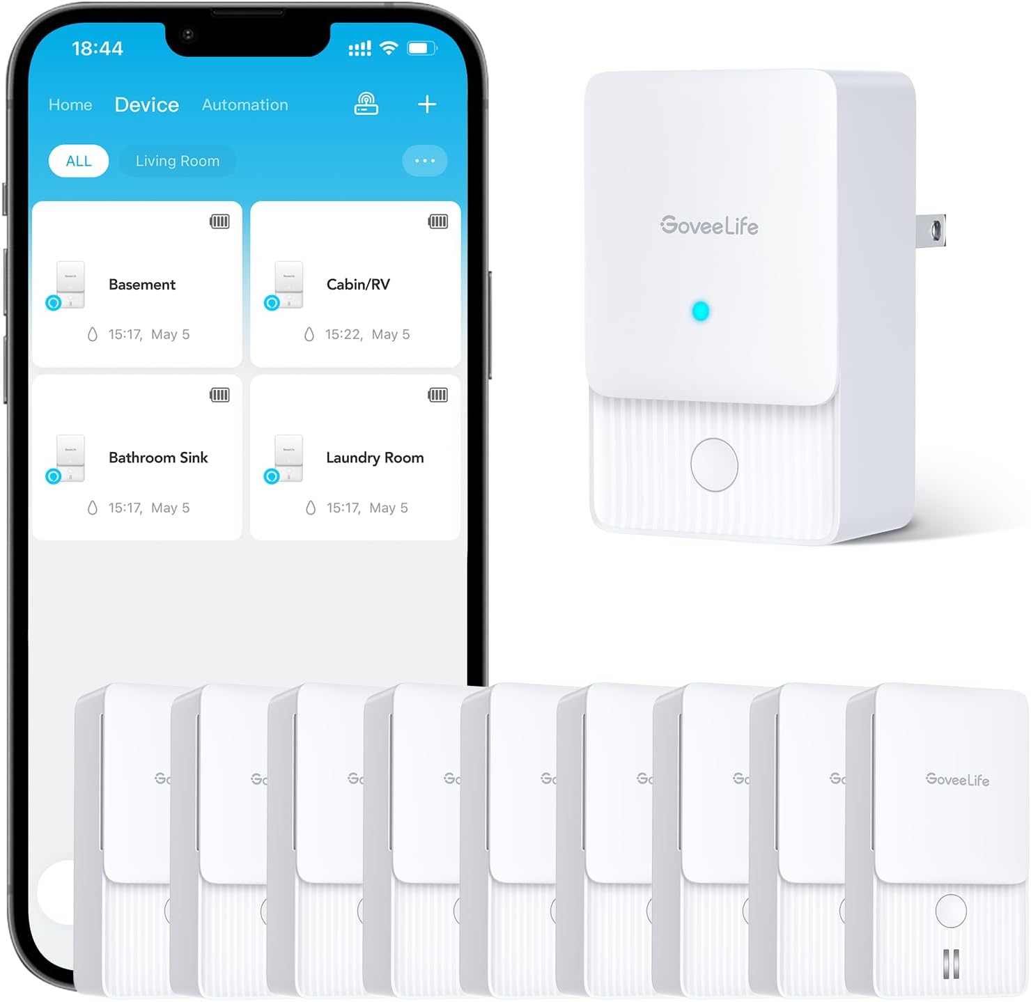 GoveeLife Smart Water Leak Sensor 4 Pack Bundle with Water Leak Detectors 5 Pack, Wireless Detector with 1312 ft Transmission for Basement, Kitchen, Bathroom GoveeLife Smart Water Leak Sensor 4 Pack Bundle with Water Leak Detectors 5 Pack, Wireless Detector with 1312 ft Transmission for Basement, Kitchen, Bathroom