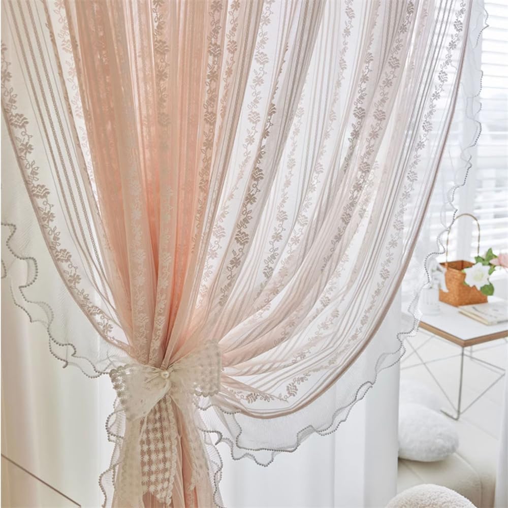 Romantic Pink Lace Sheer Curtains French Floral Sheer Curtains for Living Room Light Filtering Window Drapes for Girls Room Bedroom Rod Pocket, 2 Panels (Pink, W59 L94 inch)
