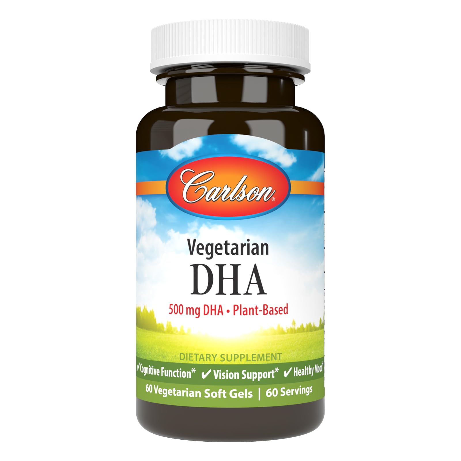Carlson - Vegetarian DHA, 500 mg DHA, Plant Based, Sustainably Sourced from Algae, Brain Support, Mood Health, 60 Softgels