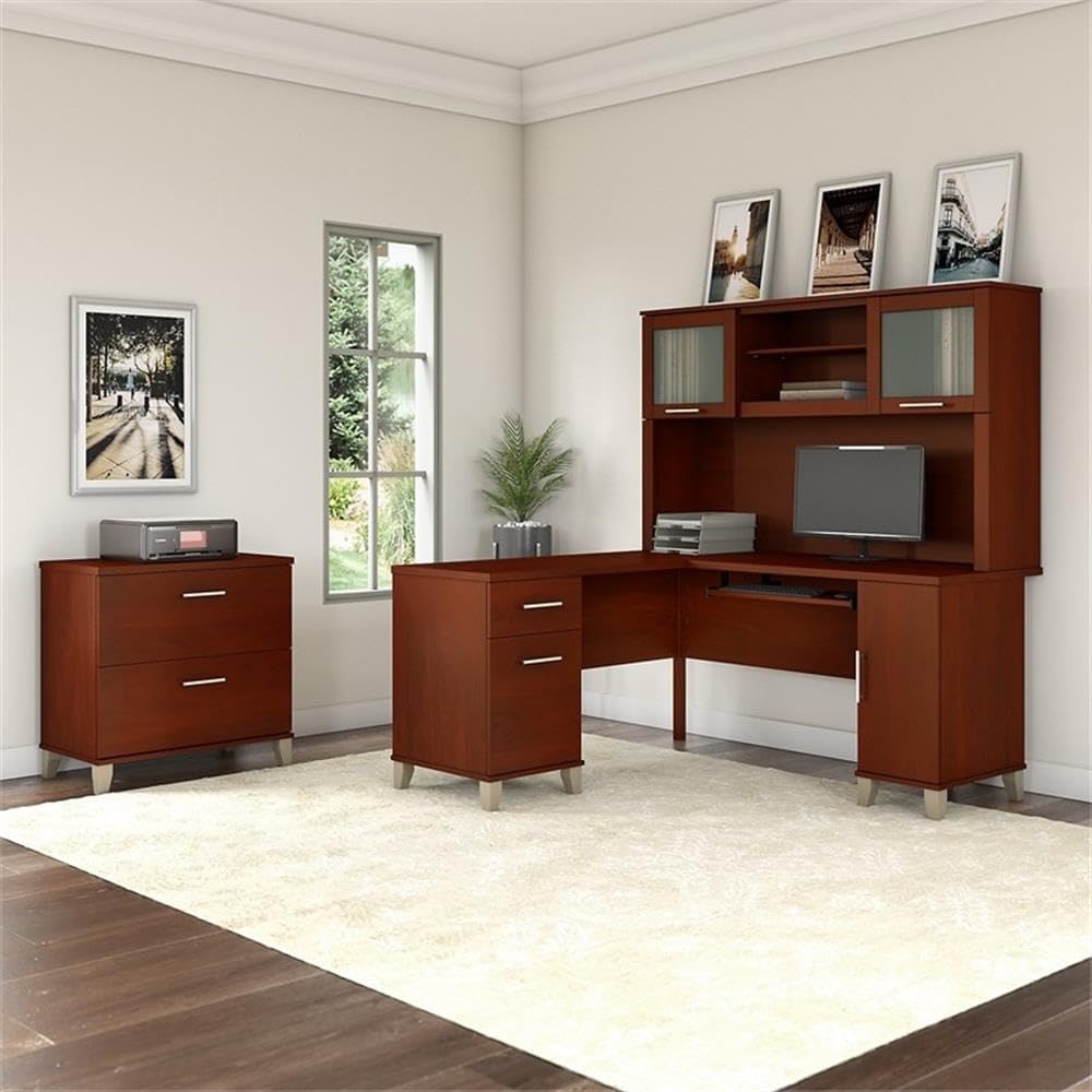 Scranton & Co Furniture Somerset 60W L Desk with Hutch & File Cabinet, Cherry Finish, Wire Management, Frosted Glass Doors, Legal/Letter File Storage, Home Office Set with Keyboard Tray
