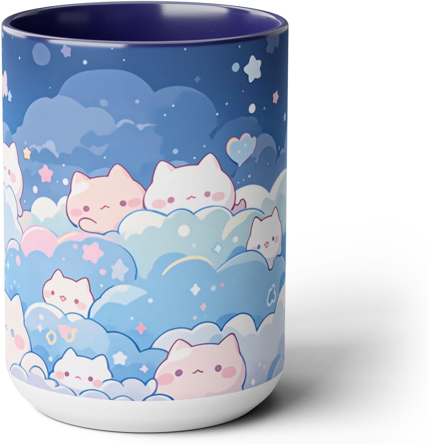 Kawaii Cat Ceramic Coffee Mug, Tea Cup in Pink and Blue, 15oz, Kawaii Cat Design, Microwave Safe, Dishwasher Safe, Chibi Style Cloud Pattern (Blue)