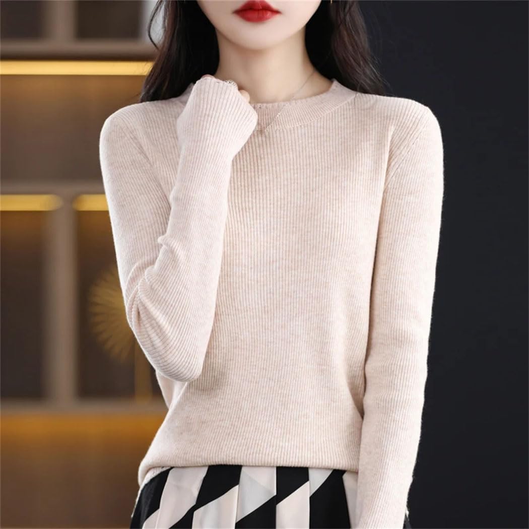 Women's Spring Wool Crewneck Sweater Solid Color Casual Slim Bottoming Shirt Long Sleeve Ribbed Knit Pullover