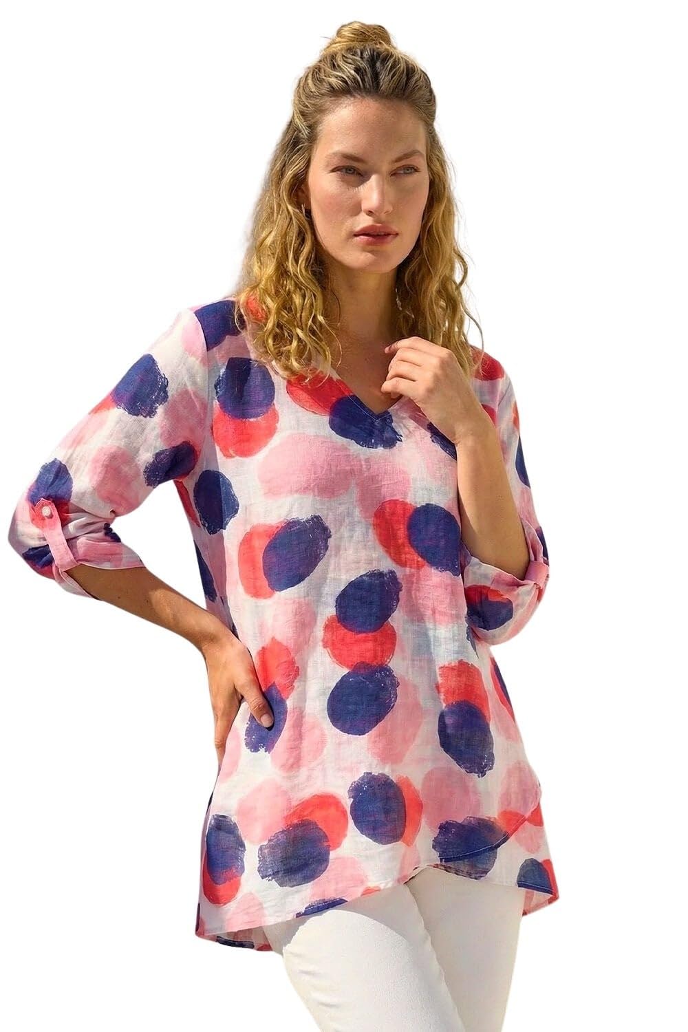 Roman Originals Women's Abstract Pink Navy Floral Print Tunic Top For Uk Casual Shirt Smart Blouse Asymmetric Wrap Hem Summer Holiday Party Cruise 3/4 Sleeve Longline Oversized - Size 20