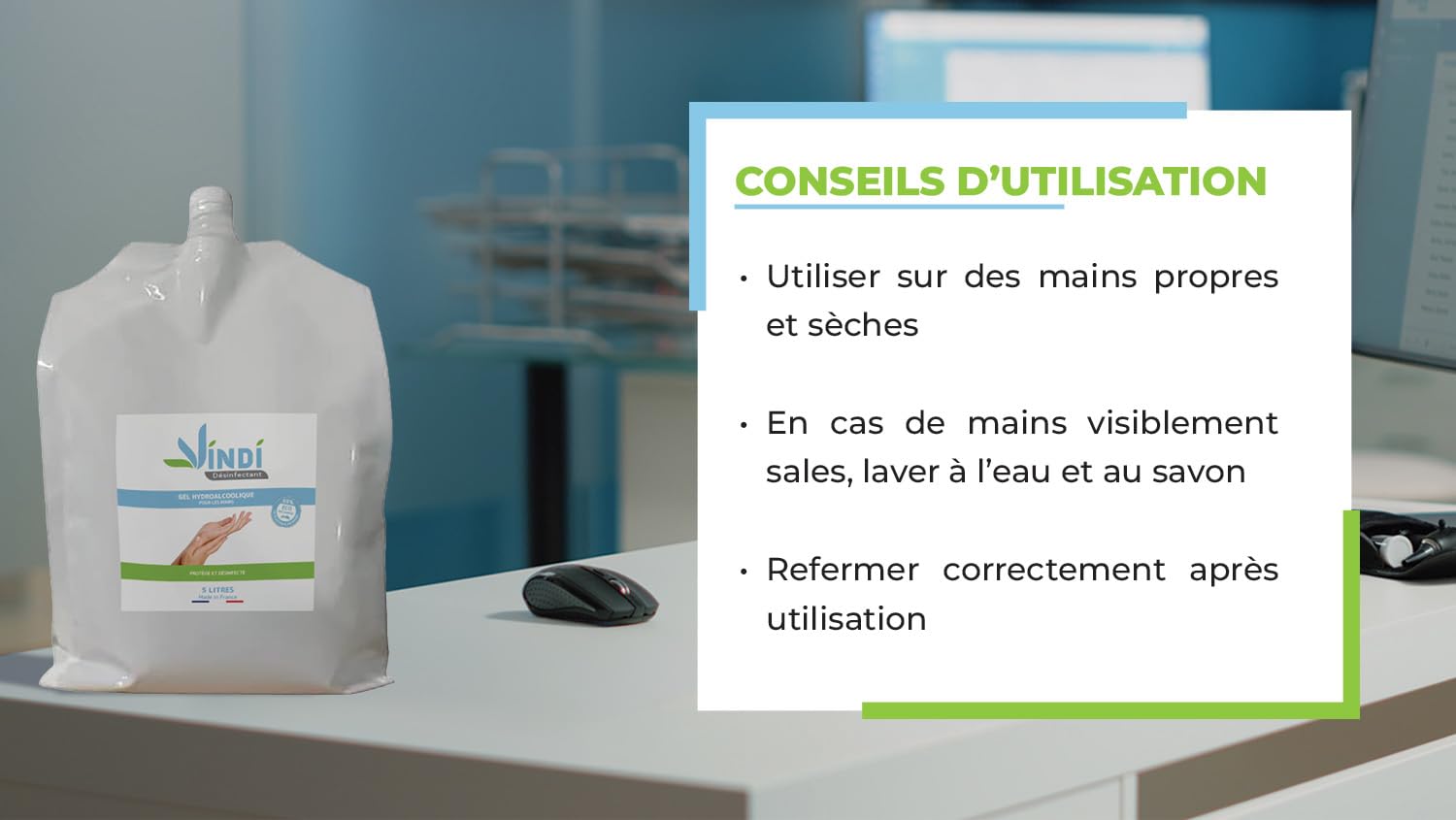 Vindi Désinfectant gel hydroalcoolique - Bidon-écorecharge de 5L - Fabrication Française -76% d'alcool - Virucide