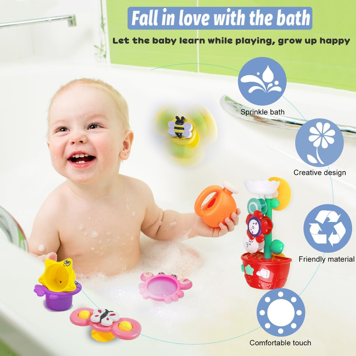 Baby Girl Bath Toys for Kids Ages 1-3 Water Table Suction Spinning Tub Toys Toddler Bathtub Toys with Stacking Cups for Infants 12 18 Months+