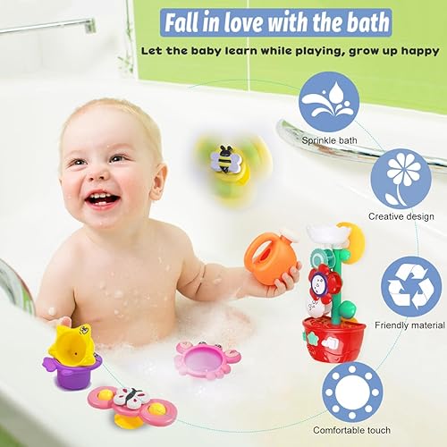 Miniatura 6 de Juguetes de baño para bebés niñas de 1 a 3 años, mesa de agua, juguetes de tina giratoria con succión para niños pequeños con tazas apilables para