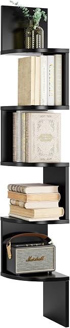 Wall Corner Shelf 5-tier Floating Shelves Zigzag Wall Shelf Wooden Display Organizer for Bedroom Living Room 20x20x123cm Black
