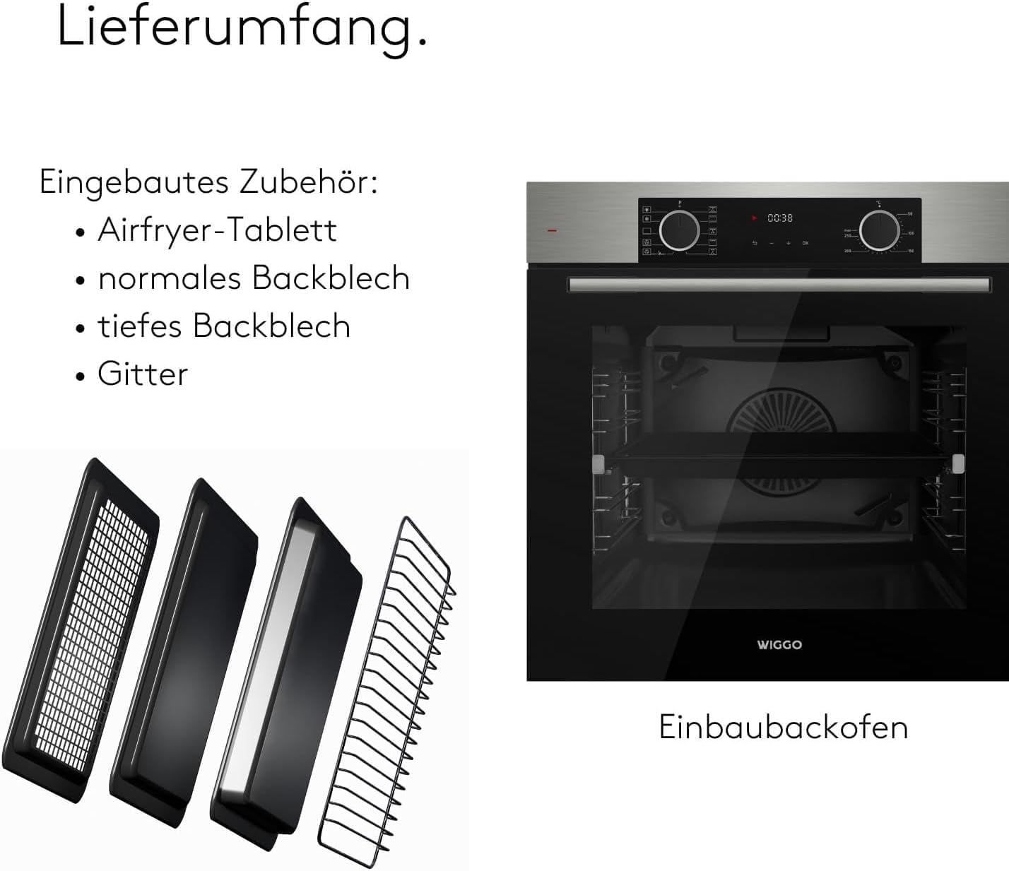 [ Test SEHR GUT, Note 1.1 *] WIGGO Backofen Set Inox 60cm 73L mit Teleskopschienen & Airfry, Selbstreinigung, 10 Funktionen, Soft-Close, Einbaugerät Einbaubackofen [5 Jahre Garantie, Klasse A]
