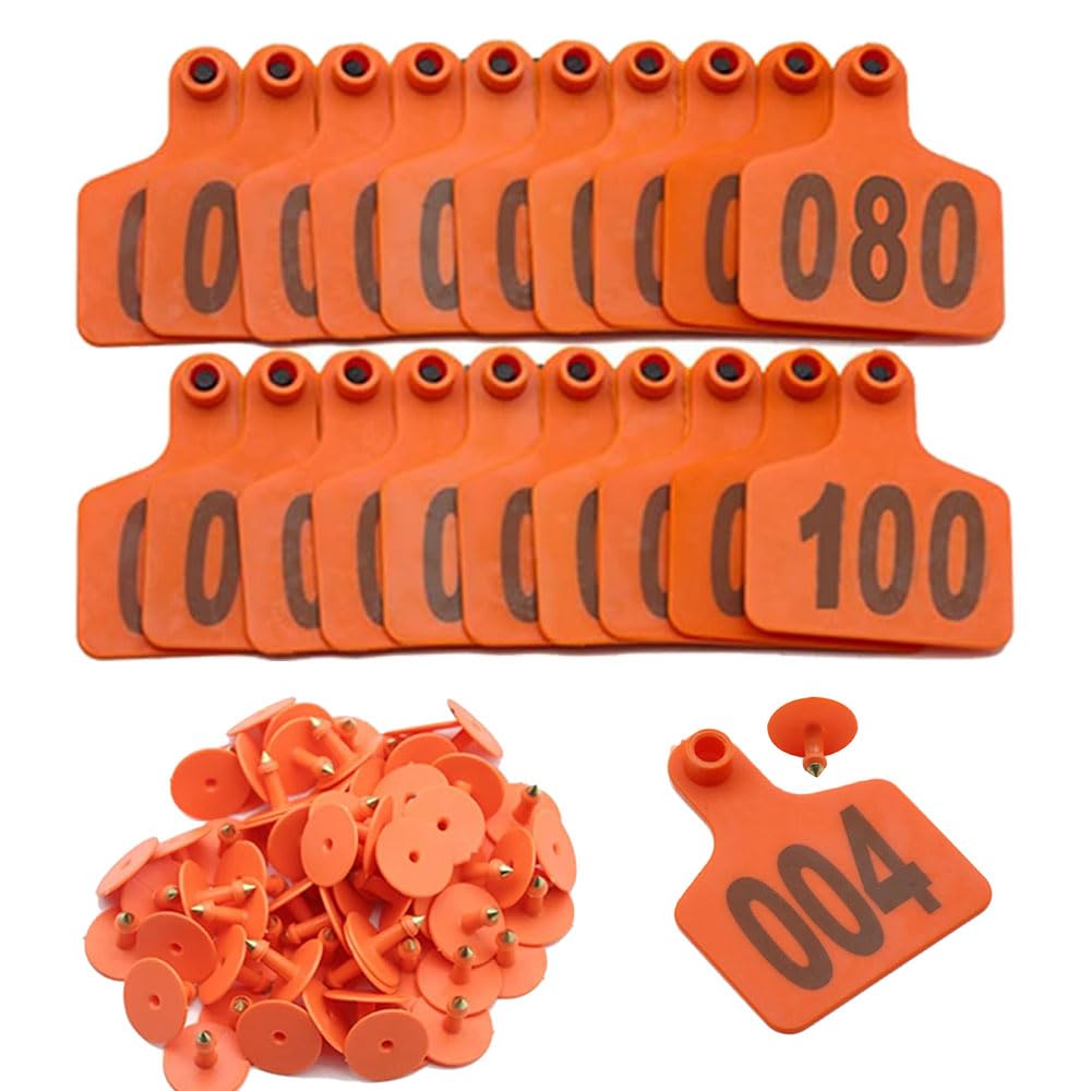 Cattle Ear Tags Thickened Plastic Livestock Ear Tags with Numbers or Cattle Goat Pigs Cow Identification Ear Tags 201-300 Orange