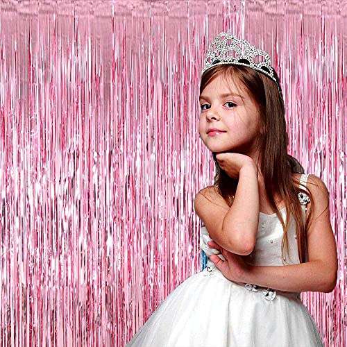 Image of 4 Pack Pink Foil Fringe Curtain Backdrop, 3.28Ft x 8.2Ft Metallic Tinsel Foil Fringe Streamer Curtains for Photo Booth Props, Birthday, Wedding, Valentine's Day Decoration Party Supplies