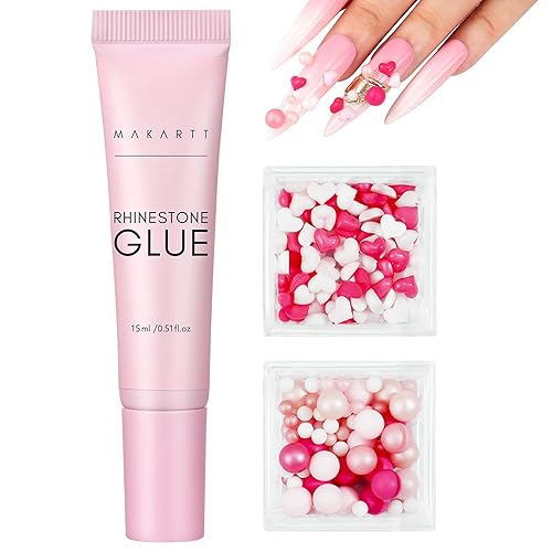 Makartt Kit de pegamento de diamantes de imitación de 0.5 onzas líquidas de pegamento de uñas de gel con dijes de uñas de corazón 3D y decoración de