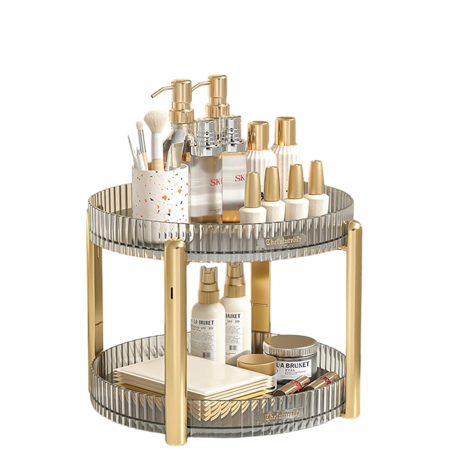 HOME CUBE 2 Layer 360 Degree Rotating Makeup Organizer, Cosmetic Toiletries Perfume Storage Organizer Vanity Storage Tray For Dressing Table Countertop Bedroom Bathroom Makeup Room, Round, Clear