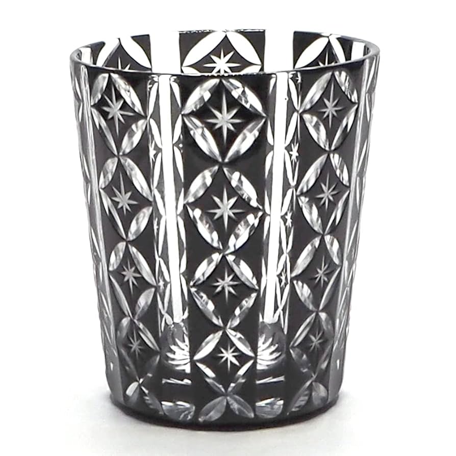 七宝柄　黒　切子グラス　未使用品 M-8573-2PG Mini Old Pair of Edo Kiriko Glassware with Shippo