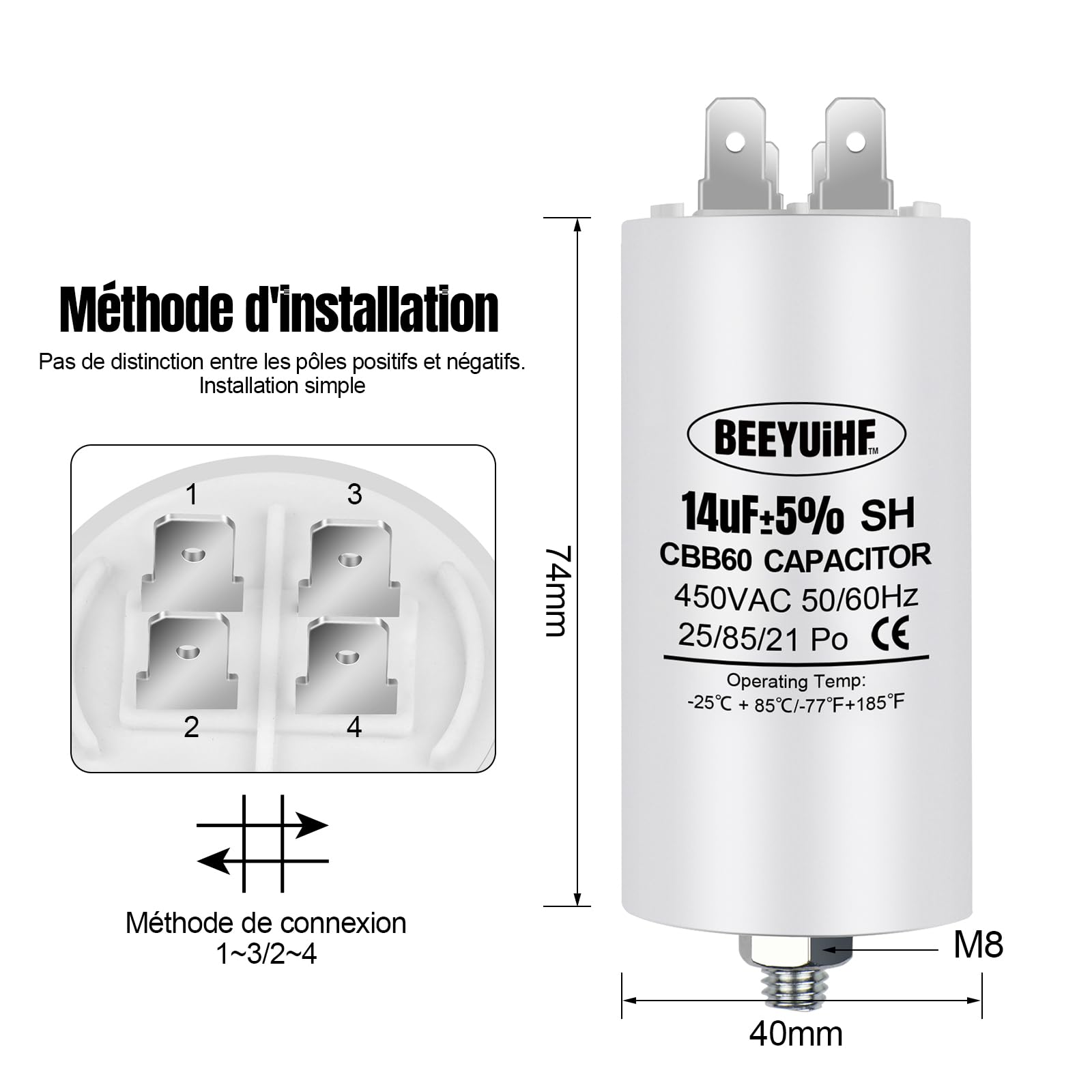 VEXUNGA 40 µF 450 V CBB60 Motorkondensator – M8 Anschluss, 50/60 Hz