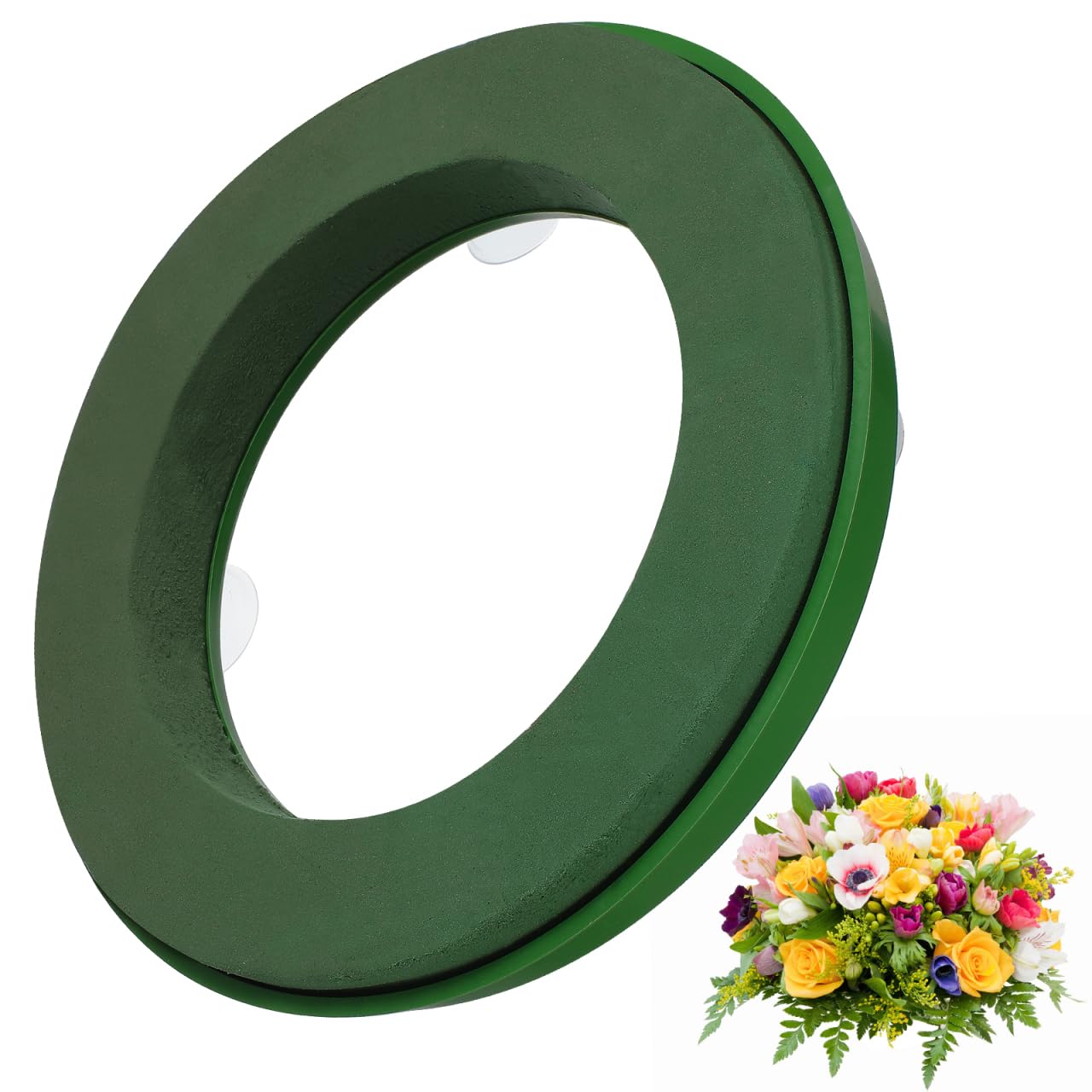Suction Cup Floral Foam Ring - 11.8-Inch Pre-Soaked Wet Floral Foam Base with Mud for Fresh Flowers, Easy Car Window Decoration for Weddings, Parties, Home Decor (Green)