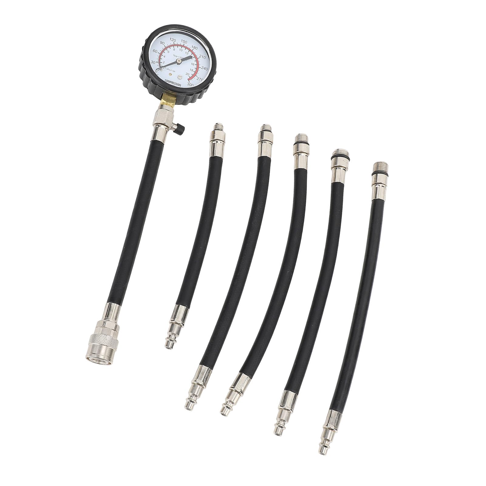 Dilwe Kit de Probador de Compresión de Cilindro de Motor de Gasolina, Kit de Probador de Compresión de Motor de Goma Metálica, Calibre de 0 a 300 Psi, 5 Adaptadores, Válvula de Retención de Presión