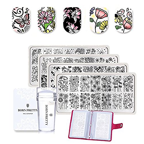 Born Pretty 4 Pcs Nail Art Stamping Templates Spring Flowers Rectangle Design Image Plates for manicuring Print DIY Tool