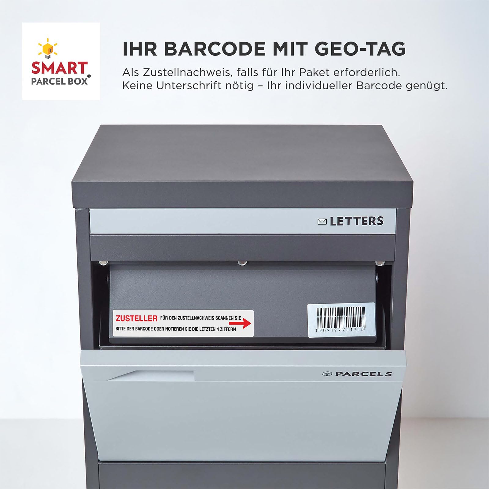 Smart Parcel Box Paketbox XXL - Paketbriefkasten wetterfest, grau | Briefkasten mit Paketfach draußen groß, Entnahme hinten & vorne, rostfrei, verzinkter Stahl, pulverbeschichtet