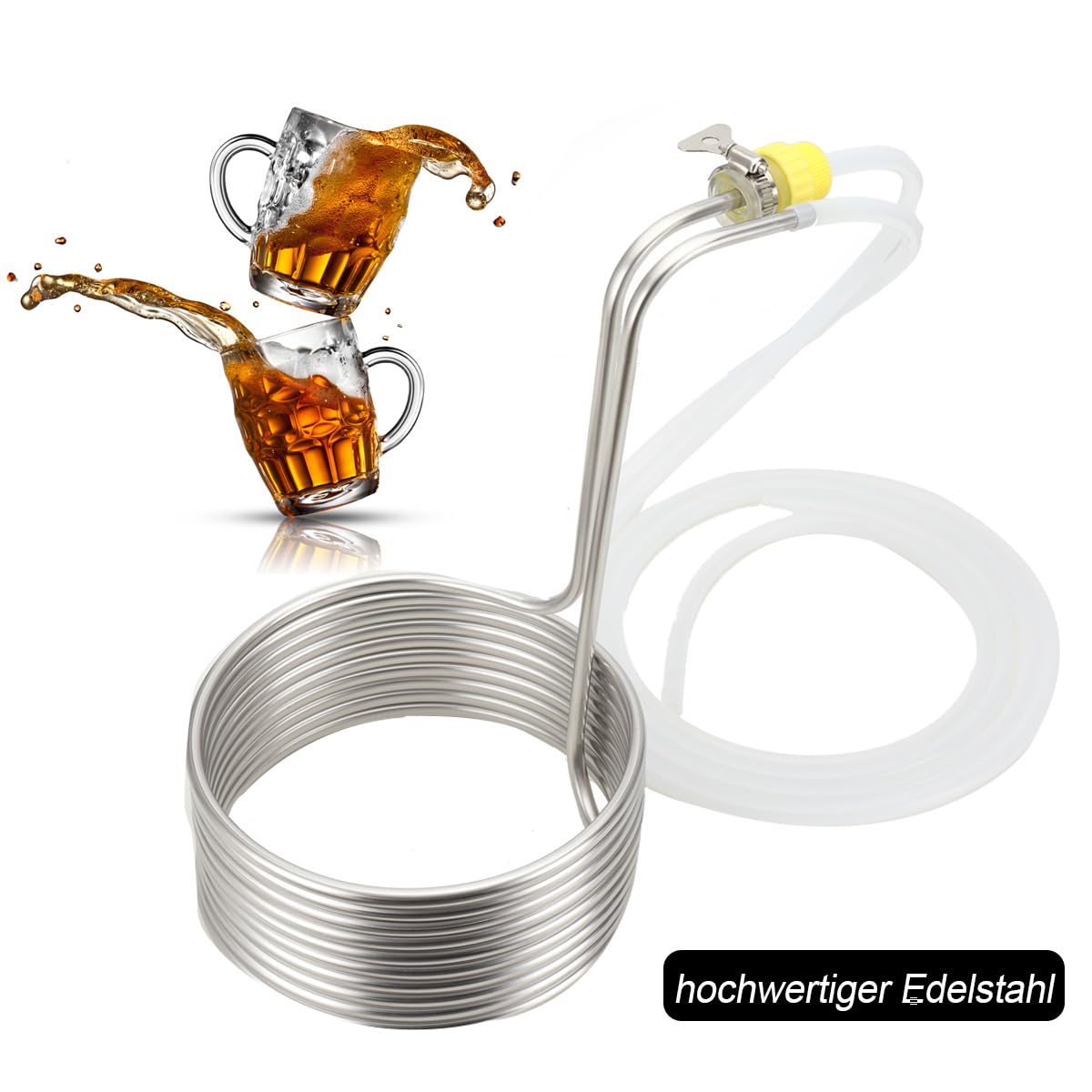 Kühlspirale Eintauchkühler Kühlschlange Ø23cm, Edelstahl Maischekühler Kühlspirale zur Kühlung von Bier, Kühlrohr Würzekühler Maischekühler mit 2* Silikonschläuche, 2* Verbindungsstücke