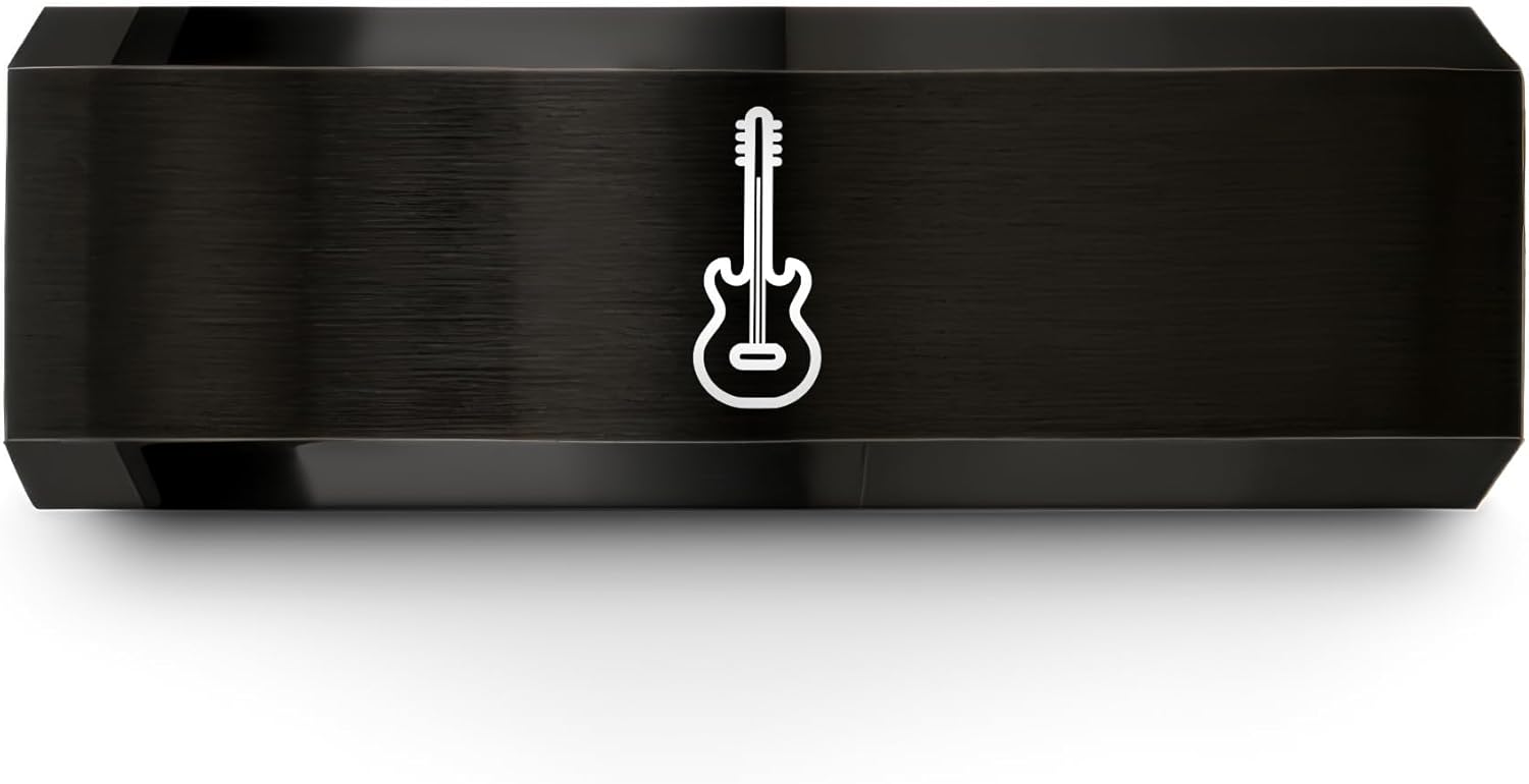 Guitar strap Ring - Gift for Guitar Player - Men Women - Black Yellow Gold Silver - Brushed Polished - Flat Dome Bevel - Band - 8mm - Personalized Custom Engraving - Tungsten - Anniversary Wedding