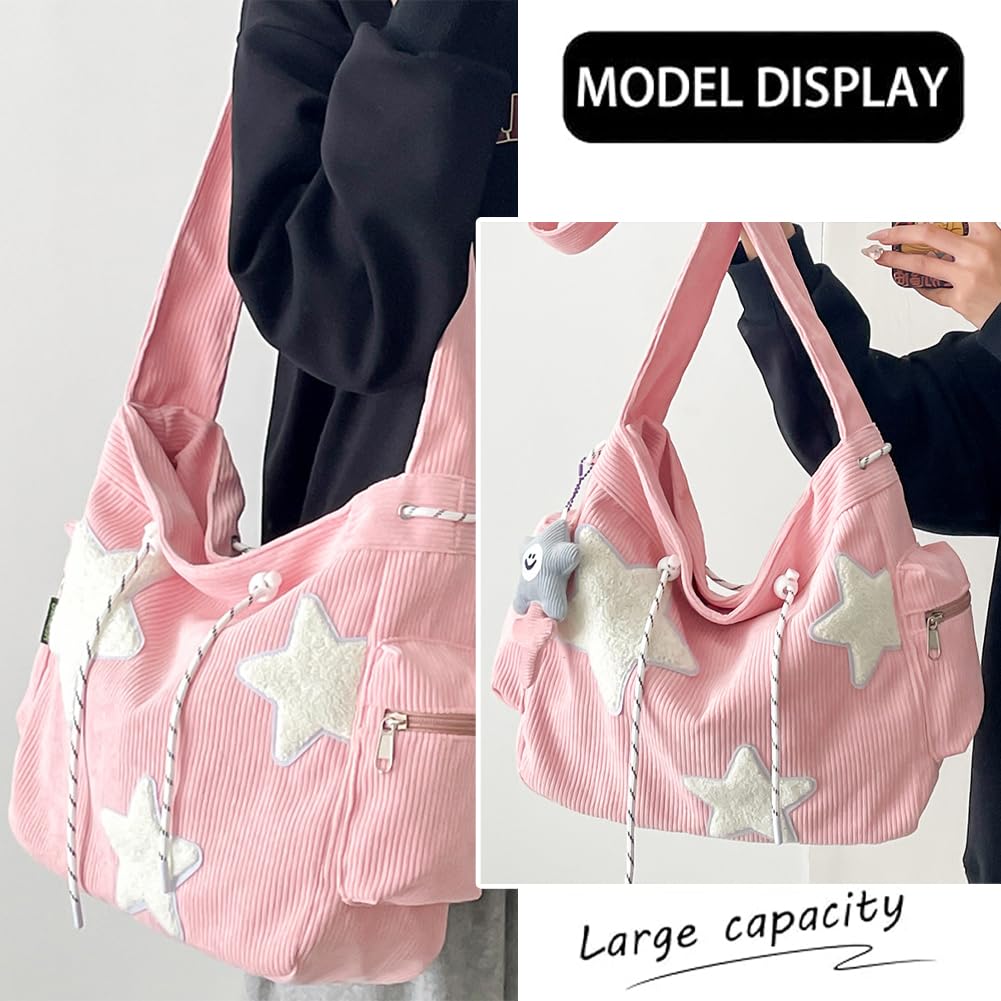 KAMEILONG Star Crossbody Bag Women Corduroy Tote Bag Aesthetic Messenger Bag Cute Shoulder Bag Y2K Hobo Bag (Pink)