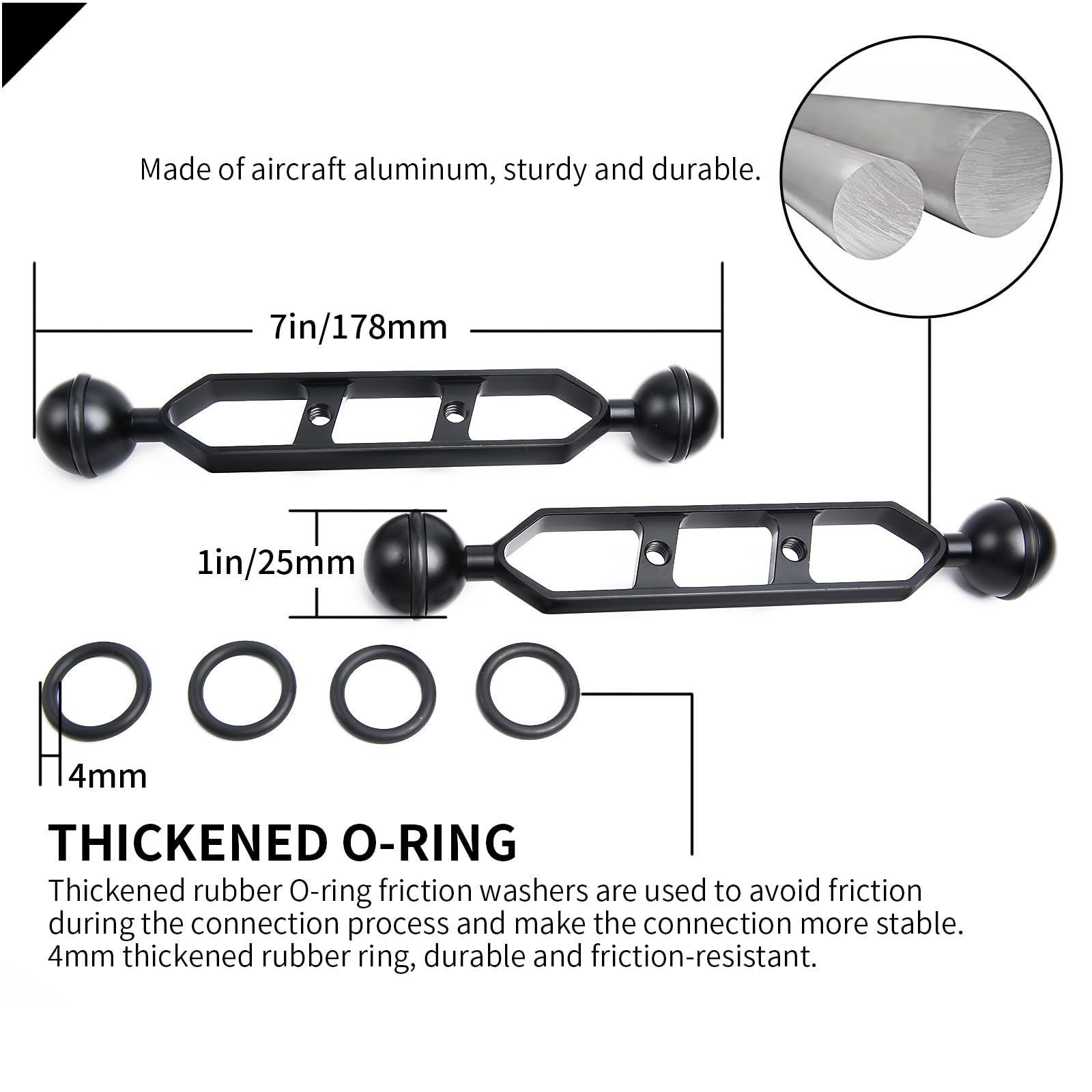 Braccio di estensione in lega di alluminio a doppia sfera 7", braccio subacqueo con connettore a testa sferica da 1" per vassoio per fotocamera subacquea (2pack)