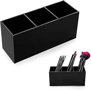 Kosmetik Organizer, Schminkpinsel Behälter, Kosmetik Pinselhalter mit 3 Fächer, Acryl Schminkpinsel Behälter Kosmetikpinsel für Pinsel Eyeliner Lippenstift Bürsten(Schwarz)