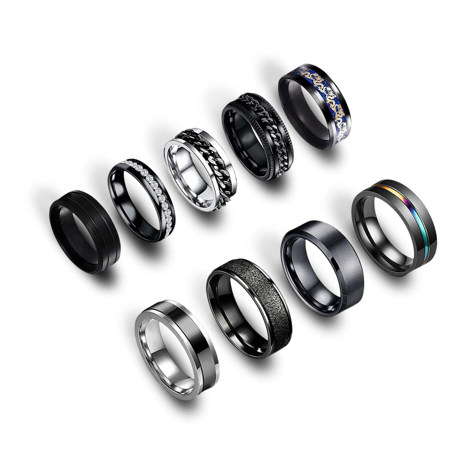 9 sztuk męskich pierścionków, fajny czarny pierścień, bransoletka w kształcie ogniwa, pierścionek fidget ring, zestaw pierścionków spinningowych, obrączki ślubne, czarne pierścionki dla