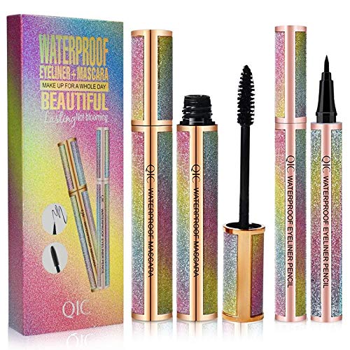 4D Silk Fiber Lash Mascara with Liquid Eyeliner Value Pack ,Waterproof Mascara,Lengthening Mascara Black,Smudge-Proof,Long-Lasting,Thickening,Dramatic Extension,Natural Voluminous Look