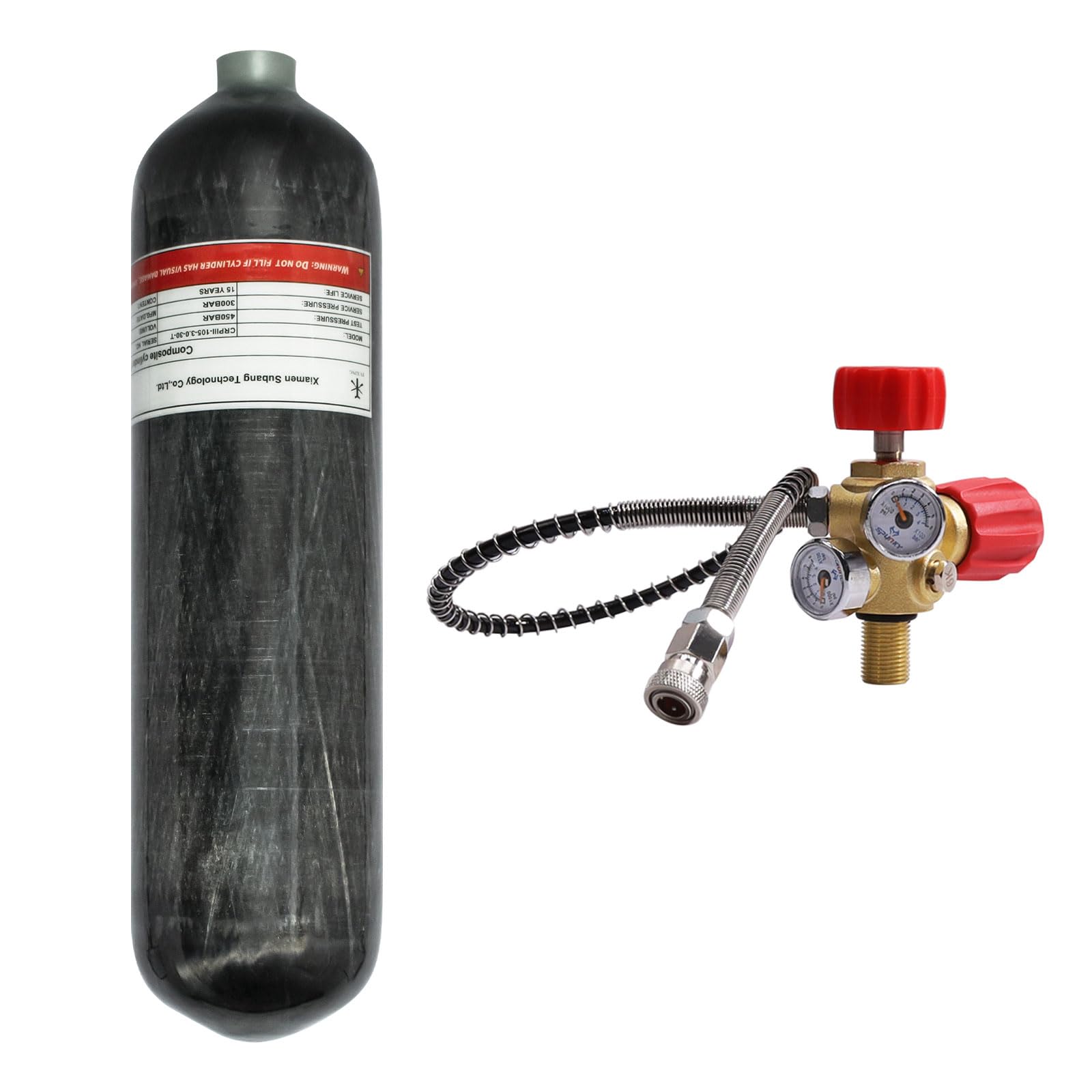 TUXING 4500psi 300Bar 3L Carbon Fiber HPA Tank High Pressure Cylinder with Regulating Valve Scuba Diving M18*1.5