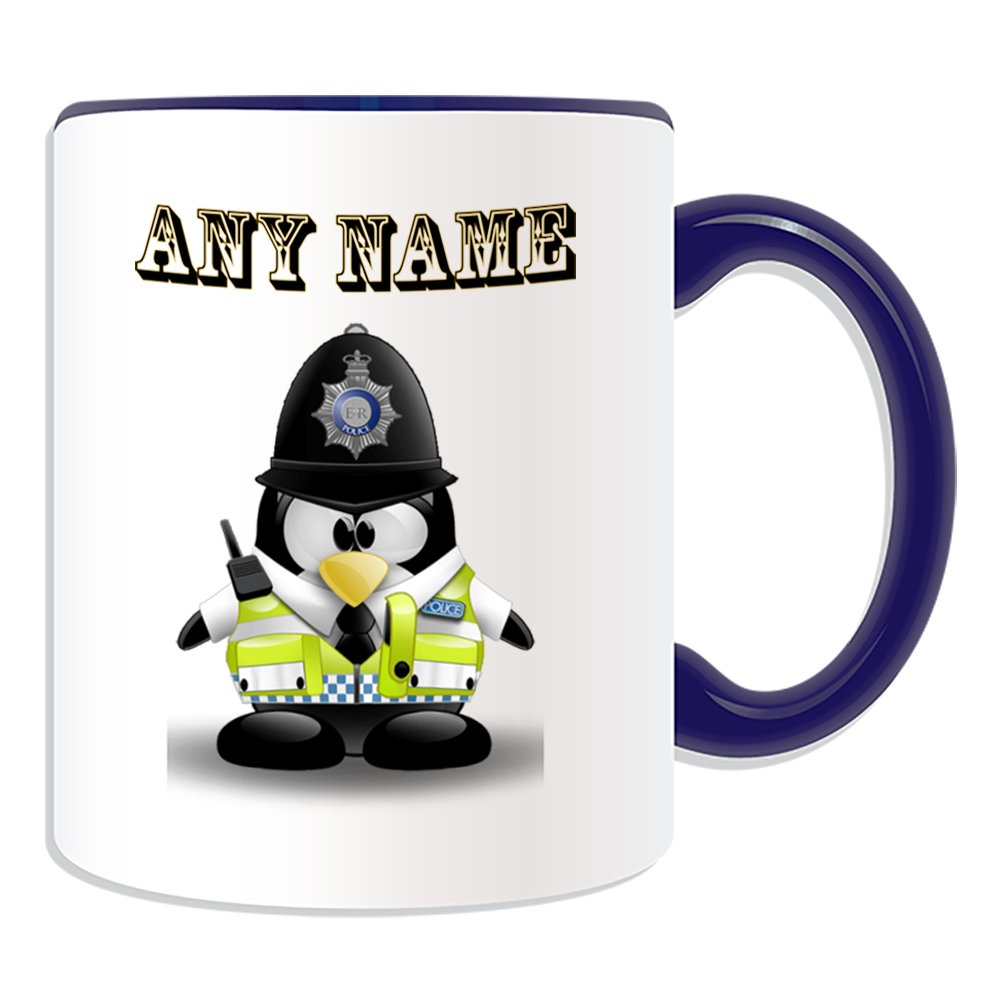 Unigift Blue Personalised Gift - British Police Constable Mug (Penguin In Costume Design Theme, Colour Options) - Any Name / Message On Your Unique - Uk Policeman Pc Sergeant Inspector Traffic Officer Pc Sgt Insp Cid Helmet