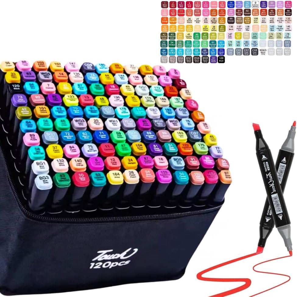 Conjunto Touch de Marcadores Artísticos para Desenho Profissional 60/100/120 Cores Vibrantes Ponta Dupla Codificadas por Cor para Ilustração, Esboço, Pintura e Design, Estojo Preto (120 cores)