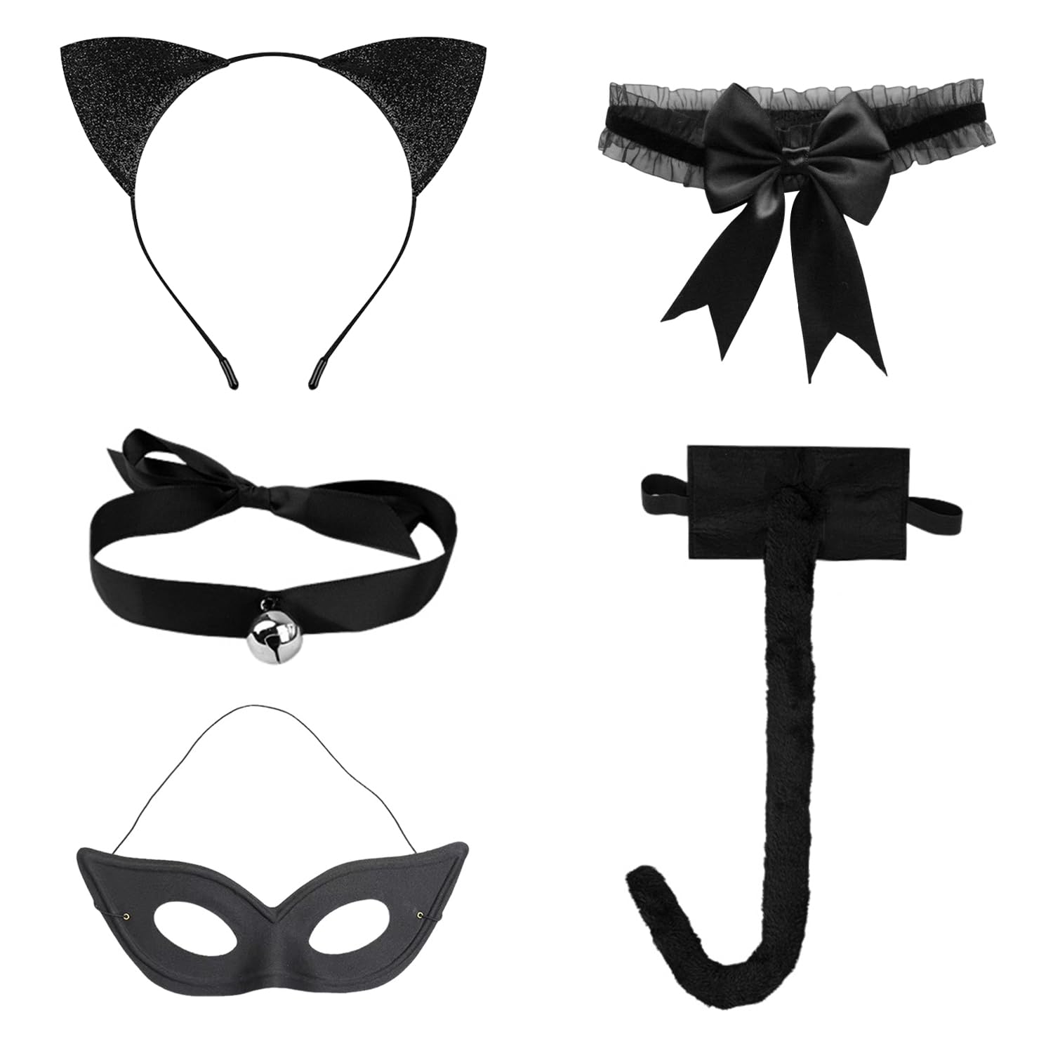 NIDHFG 1 Piece Headband, 1 Piece Tail, 1 Piece Collar, 1 Piece Eye Mask And 1 Piece Leg Ring, Cat Clothing Accessories, Role-Playing Props, Masquerade Supplies.