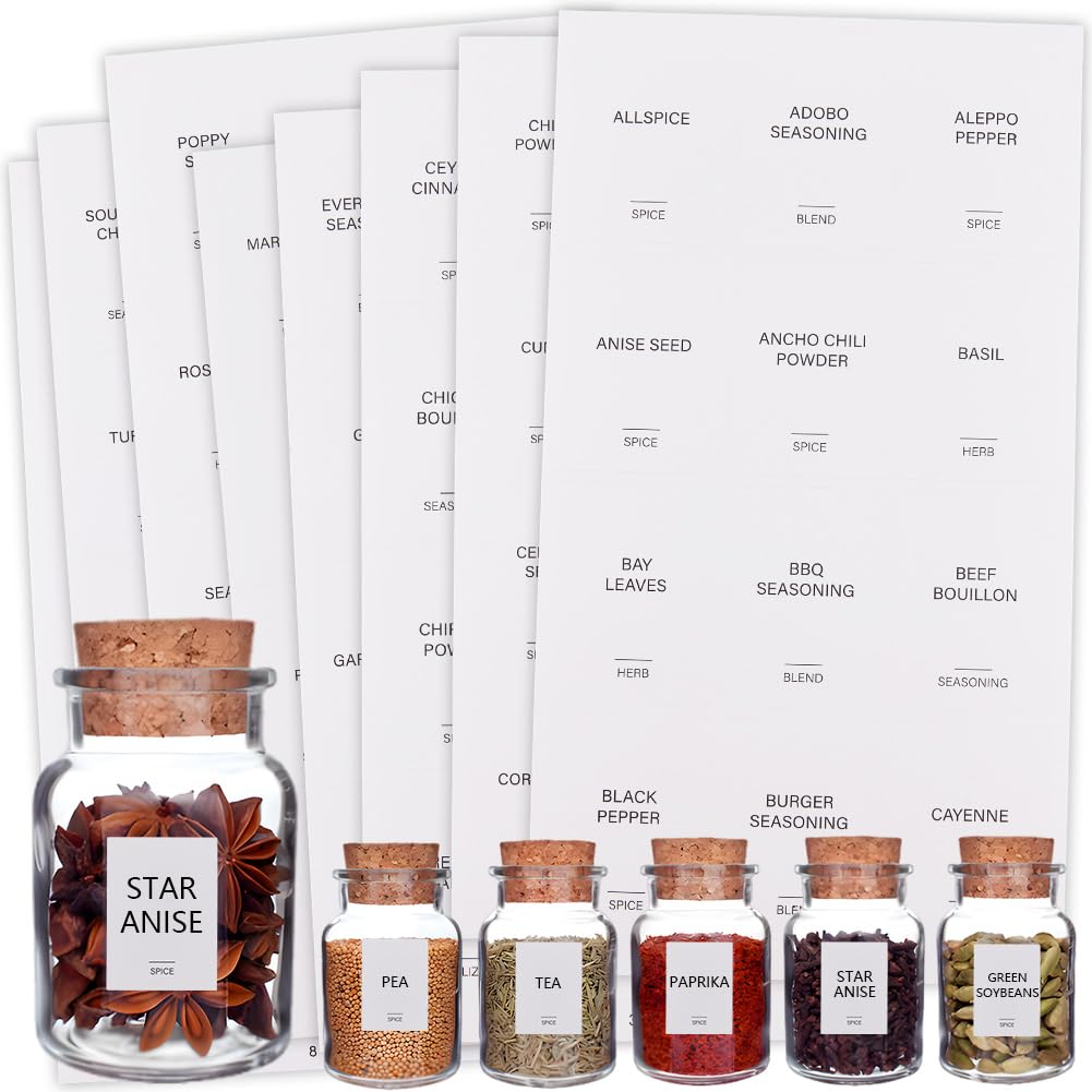SOFPLATE 480Pcs 2 x 1.5In White Spice Jar Labels Stickers Waterproof Oil Resistant Spice Bottle Stickers Rectangle Preprinted Labels for Kitchen Pantry Home Laundry Bathroom Organization Supplies